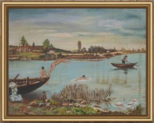 ARTE NAIF TUFFANDOSI NEL LAGO PESCATORE olio tavola ENRICO COPETTA COEN BRESCIA