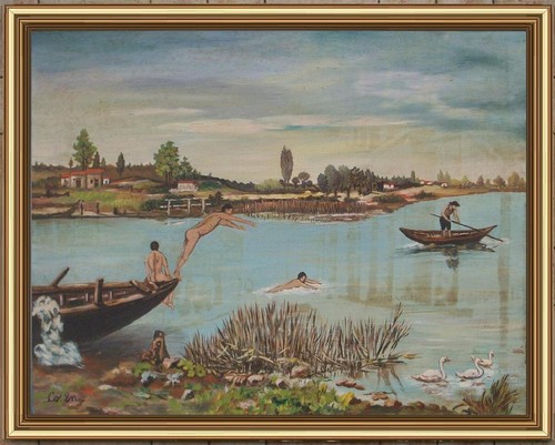 Arte naif tuffandosi - arte, lago