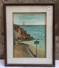 DIPINTO OLIO SU TELA VEDUTA MARE VENDESI BARCA QUADRO CORNICE IN LEGNO