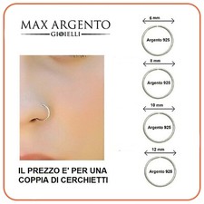 Orecchino Piercing Naso Argento 925  Anello Aperto Cerchietto 6/8/10/12  mm