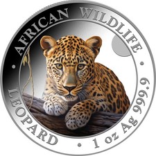 1 oz argento FDC colore leopardo fauna selvatica africana 100 SH Somalia 2025 color
