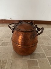 Antico Paiolo Rame Martellato Coperchio Manici Catena Vintage Decorazione