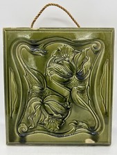 Piastrella vintage per forno in maiolica con fiori, Art Nouveau, verde, da appendere