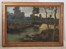 GRANDE QUADRO DIPINTO OLIO TELA Ercole Magrotti PAESAGGIO BOSCO FIUME MONTAGNA