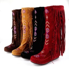 Women's Embroidered Indian Moccasins Flat Knee High Boot Tassels Riding Shoes