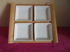 VASSOIO IN LEGNO CON 4 CIOTOLE CERAMICA PER SALSE E APERITIVI
