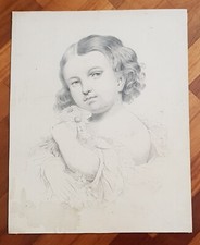Antico ritratto disegno a matita ritratto di bambina firmato Giulia Pancani 1874