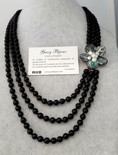 Collana lunga 3 fili Pietra Dura nera chiusura Madreperla Fiore