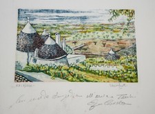 ♥ LITOGRAFIA COLORATA WALTER SCOTTI TRULLI ITRIA PUGLIA VINTAGE ANNI 90 grafica