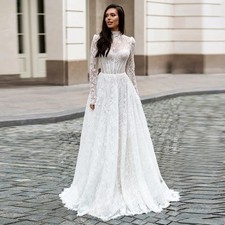 Abiti da sposa vintage collo alto maniche lunghe A-LINE pizzo applicazioni abito da sposa