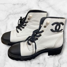 CHANEL short Heel Boots Shoes Women Size 36c COCO MARK fake pearl leather