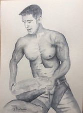 Dipinto Acquerello ORIGINALE Nudo Operaio Uomo Decorazione Acquerello