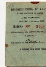 TESSERA FEDERAZIONE ITALIANA DELLA CACCIA BISIGNANO 1945  tss 336