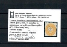 1863 2 SOLDI GIALLO EXTRA USATO A RETTIMO (CRETA) SASSONE ANNULLAMENTI 11 PUNTI