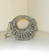 Borsa uncinetto artigianale fatta a mano Moon Bag argento filato strass tracolla