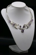 Stupenda Collana In Argento 950 E Ametiste Di Gusto Modernista, Vintage 