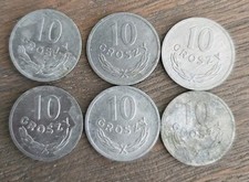 Lotto di 6 monete vintage; 1968 polacco 10 monete groszy tono argento