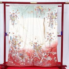 Kimono giapponese 'FURISODE' seta/oro/gru/fiore/temari/lunghezza:162 cm N744