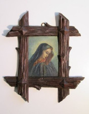 Antico quadro dipinto volto Madonna su cartoncino cornice legno a tronchi '900