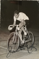 FAUSTO COPPI FOTO CARTOLINA BERTAZZINI AUTOGRAFATA ORIGINALE VIAGGIATA 1953