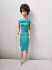 Barbie Vintage Early Bubblecut Brunette 1961 with Turquoise Silk Sheath Dress