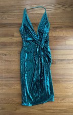 Nuovo con etichetta!  Abito midi donna ASOS verde acqua paillettes nodo davanti taglia US 6 occasione matrimonio