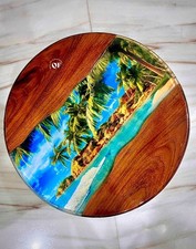 Tavolino da Caffè in Resina Vista Spiaggia Teak, Tavolino da Caffè Rotondo in Legno di Teak Epossidico