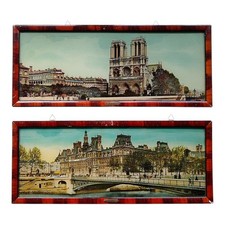 *HH* Coppia Antico Quadro Parigi Notre Dame Hotel De Ville Francia Paris 