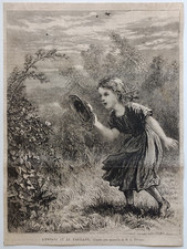 Stampa antica 1865 Fanciulla Bambina Farfalla Thomas
