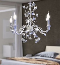LAMPADARIO FERRO BATTUTO CON ROSE 5 LUCI BIANCO SHABBY STILE PROVENZALE