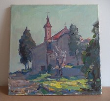 Umberto Corradi quadro olio su tela paesaggio Monte Calvario '83 chiesa 40 x 40