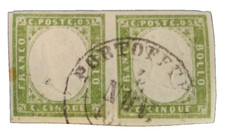 REGNO DI SARDEGNA 1855-63 DOPPIETTA 5 C. VERDE OLIVA CHIARO FIRMA PERITALE USATO
