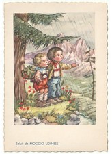 cartolina d'epoca montagna bambini amici escursionisti pioggia Moggio Udinese