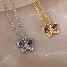 Collana in Acciaio Girocollo Ciondolo Farfalla con Cristallo Viola Donna Elegant