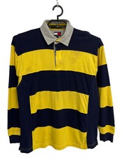 Vintage Tommy Hilfiger Men's Long Sleeve Yellow And Navy Striped Tee Size M