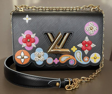 Borsa Twist MM Louis Vuitton in pelle Epi nera con doppia catena dorata e fiori