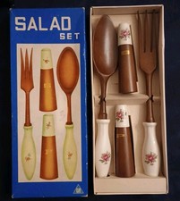 Set Per Servire L'insalata Sale Pepe Forchetta Cucchiaio In Legno Vintage