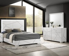 Set Specchio Comò Letto King 3pz Testiera Illuminata LED Finitura Bianco Lucido