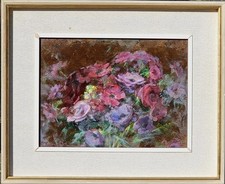 Ettore Berrone ( Conzano M.to AL 1897 - Aosta 1986 ) Fiori,  olio su cartone 