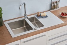 Lavello Cucina Vetro Acciaio Inox Lavandino 100 x 50 Bianco respekta New York