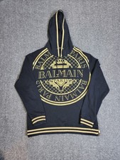 Felpa con cappuccio Balmain Paris Gold Crest logo nero oro zip laterale uomo XL