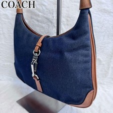 COACH Accessory Pouch Borsa a tracolla Borsetta Denim Pelle Blu Marrone Auten...