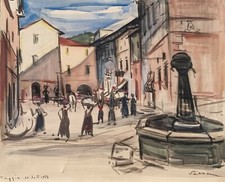 Felice Vellan ( Torino 1889-1976 ) . "Taggia 1954. Guache, acquerello su carta .