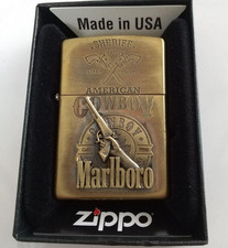 Accendino Zippo Marlboro logo cowboy americano 3D ottone dorato con scatola scintilla confermata