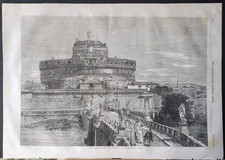 Stampa antica 1859 Roma Castel S.Angelo Ponte Tevere