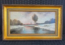 DIPINTO OLIO SU TELA- PAESAGGIO FLUVIALE INVERNALE CON BARCA - 1912 - FIRMATO