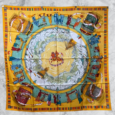 HERMES Carre 90 PRIERES AU VENT Silk Scarf Yellow W 90cm Japan [Used]