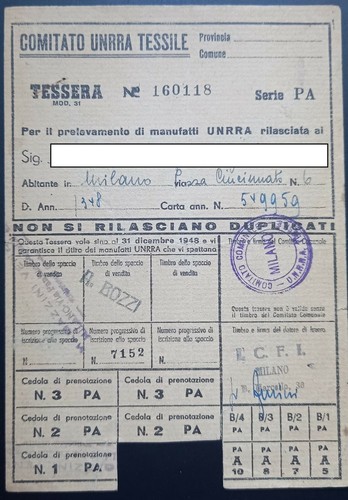 Tessera comitato unrra tessile - comitato,