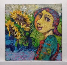Dipinto Quadro Paesaggio Figura Girasoli Olio Tavola Cm30x30