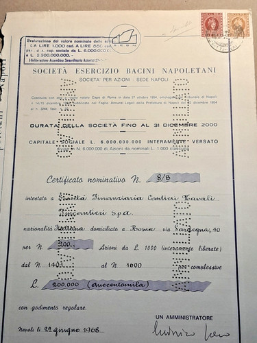 1968 certificato azionario - certificato, "
